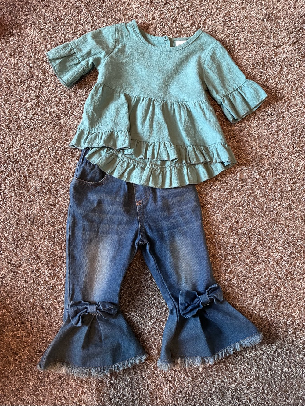 Girls Sage Ruffle Peplum Top with Dark Blue Flare Jeans Set
